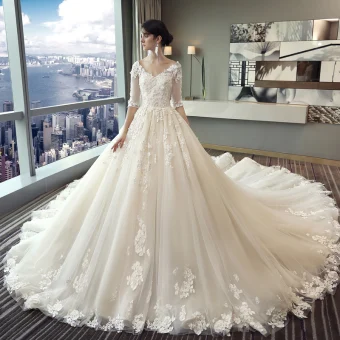 Romantisch Ivory Creme A Linie Brautkleider 2017 1 2 Ärmel Tülle Applikationen Blumen Rückenfreies Kapelle Schleppe