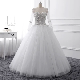 Luxe Witte Kristal Trouwjurken 2017 Ronde Hals Lange Mouwen Kralen Rhinestone Parel Pailletten Lange Baljurk