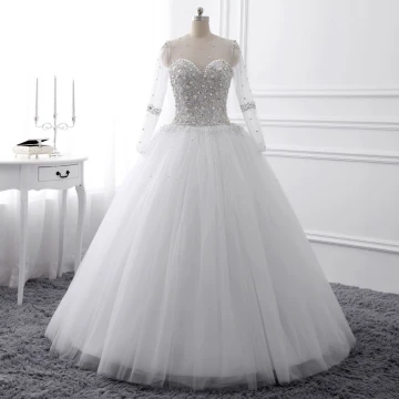 Luxury Gorgeous White Crystal Wedding Dresses 2017 Scoop Neck Long Sleeve Beading Rhinestone Pearl Sequins Floor Length Long Ball Gown