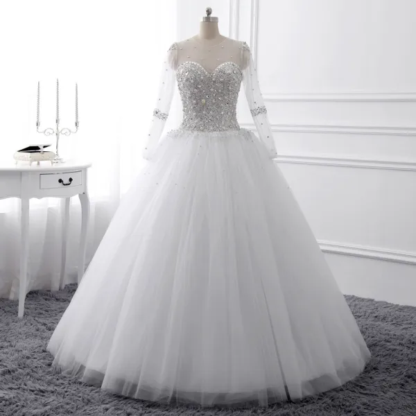 Luxury / Gorgeous White Crystal Wedding Dresses 2017 Scoop Neck Long Sleeve Beading Rhinestone Pearl Sequins Floor-Length / Long Ball Gown