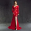 Stunning Red Split Front Evening Dresses  2017 V-Neck Long Sleeve Lace Beading Crystal Backless Trumpet / Mermaid Formal Dresses Sweep Train