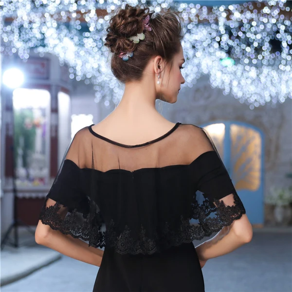Black Tulle U-Neck Lace-up Evening Party Prom Shawls 2017