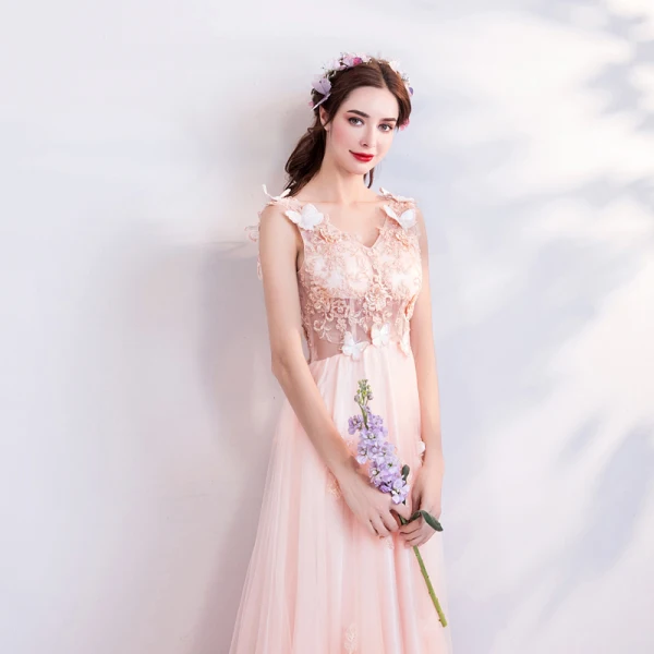 Chic / Beautiful Blushing Pink 2018 Evening Dresses V-Neck Tulle A-Line / Princess Floor-Length / Long Summer Beading Butterfly Appliques Backless Evening Party Formal Dresses