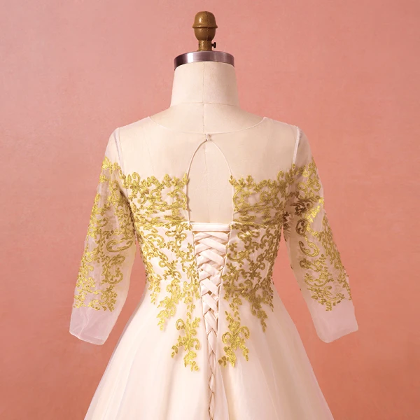 Classic Elegant Gold Plus Size Wedding Dresses 2018 A-Line / Princess Lace Tulle U-Neck Appliques Backless Wedding