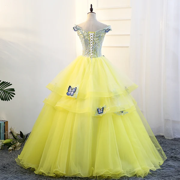 Flower Fairy Yellow Prom Dresses 2018 Ball Gown V-Neck Tulle Embroidered Appliques Backless Prom Formal Dresses