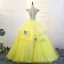 Flower Fairy Yellow Prom Dresses 2018 Ball Gown V-Neck Tulle Embroidered Appliques Backless Prom Formal Dresses
