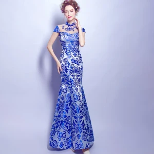 Chinese Style Royal Blue Floor Length Long Evening Dresses 2018 Trumpet Mermaid High Neck Charmeuse Appliques Backless Printing Evening Party Formal Dresses