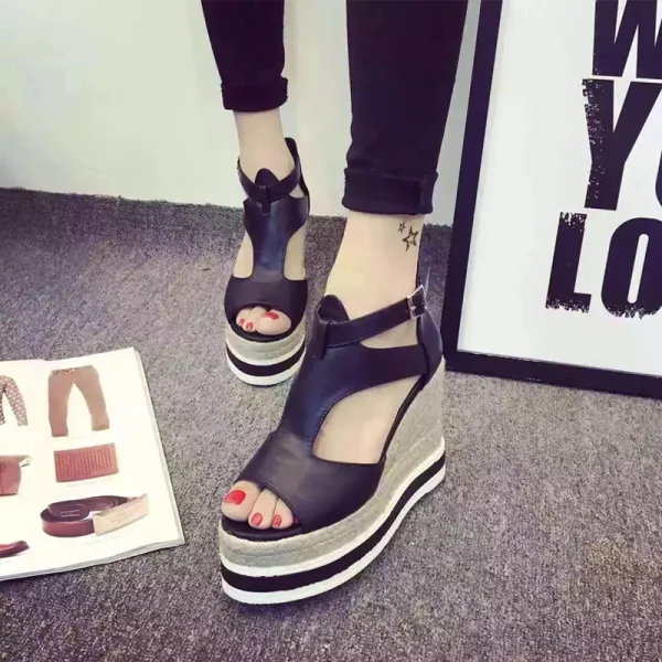 Chic / Beautiful 2017 8 cm / 3 inch Black White Casual Leatherette Summer High Heels Thick Heels 8 cm Pumps Sandals Open / Peep Toe Womens Sandals