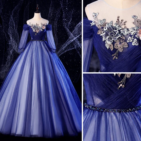 Elegant Navy Blue Prom Dresses 2020 Ball Gown Scoop Neck Beading Pearl Lace Flower 3/4 Sleeve Backless Floor-Length / Long Formal Dresses