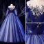 Elegant Navy Blue Prom Dresses 2020 Ball Gown Scoop Neck Beading Pearl Lace Flower 3/4 Sleeve Backless Floor-Length / Long Formal Dresses
