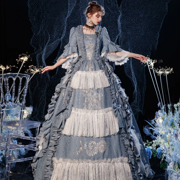Vintage / Retro Medieval Sky Blue Ball Gown Prom Dresses 2021 1/2 Sleeves Square Neckline Floor-Length / Long Crossed Straps Handmade  Beading Pearl Tassel Printing Cosplay Prom Formal Dresses
