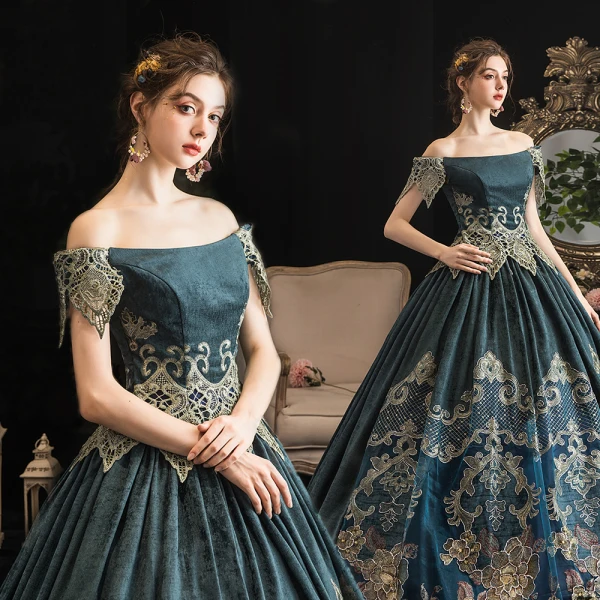 Vintage / Retro Medieval Ink Blue Ball Gown Prom Dresses 2021 Short Sleeve Off-The-Shoulder Floor-Length / Long Backless Printing Lace Satin Cosplay Prom Formal Dresses