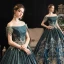 Vintage / Retro Medieval Ink Blue Ball Gown Prom Dresses 2021 Short Sleeve Off-The-Shoulder Floor-Length / Long Backless Printing Lace Satin Cosplay Prom Formal Dresses