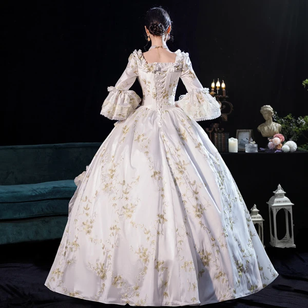 Vintage / Retro Cosplay White Ball Gown Evening Dresses 2021 Winter Crossed Straps Floor-Length / Long Lace Satin U-Neck Long Sleeve Prom Dresses Dancing Prom Formal Dresses Prom Dresses