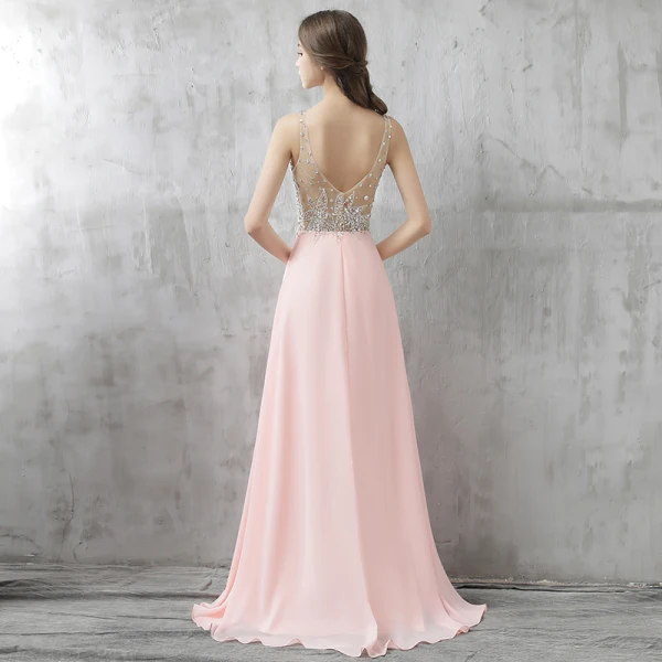 Glittrande Rodnande Rosa Balklänningar 2017 Halterneck Beading Rhinestone Paljetter Slits Fram Långa Chiffong Formella Klänningar