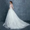 Romantic Ivory Wedding Dresses 2017 A-Line / Princess Square Neckline 3/4 Sleeve Appliques Lace Flower Sequins Court Train