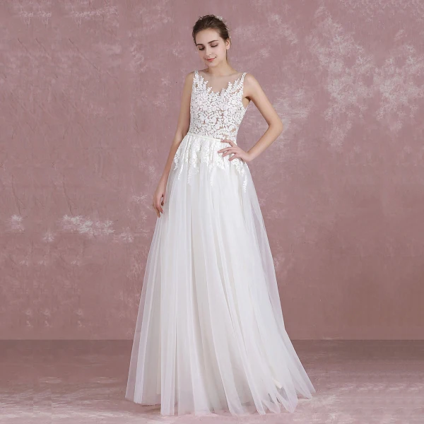 Chic / Belle Ivoire Robe De Mariée 2017 Princesse Encolure Dégagée Sans Manches Percé Dentelle Volants Tulle Ceinture Longue