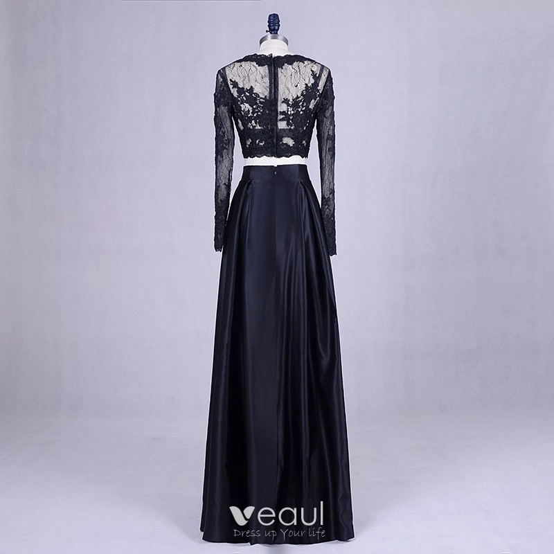 2 Piece Black Prom Dresses 2017 Scoop Neck A Line Princess Long Sleeve  Appliques Lace Satin Formal Dresses