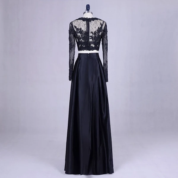 2 Piece Black Prom Dresses 2017 Scoop Neck A-Line / Princess Long Sleeve  Appliques Lace Satin Formal Dresses