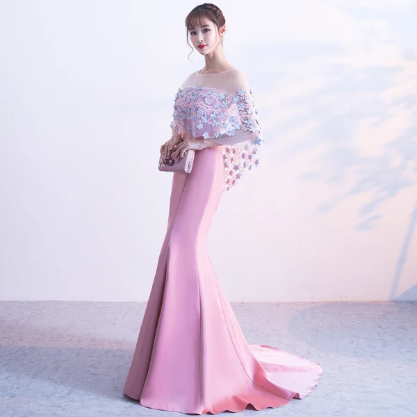 Chic / Beautiful Blushing Pink Evening Dresses 2017 Trumpet / Mermaid U-Neck Charmeuse Appliques Backless Evening Party Formal Dresses
