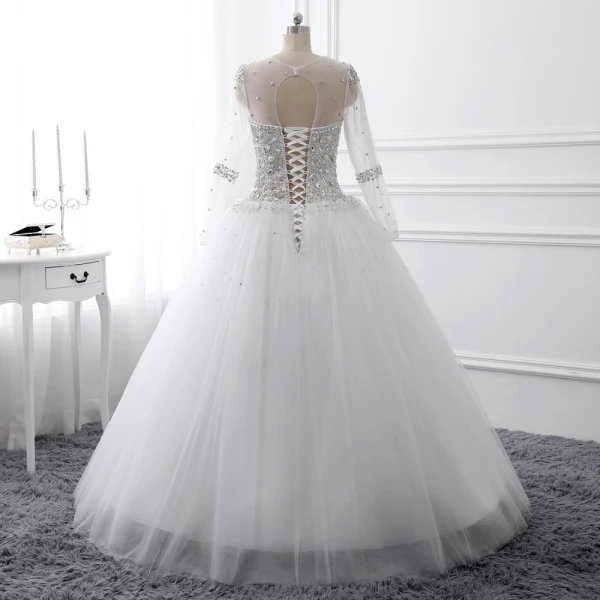 Luxury / Gorgeous White Crystal Wedding Dresses 2017 Scoop Neck Long Sleeve Beading Rhinestone Pearl Sequins Floor-Length / Long Ball Gown