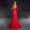 Stunning Red Split Front Evening Dresses  2017 V-Neck Long Sleeve Lace Beading Crystal Backless Trumpet / Mermaid Formal Dresses Sweep Train