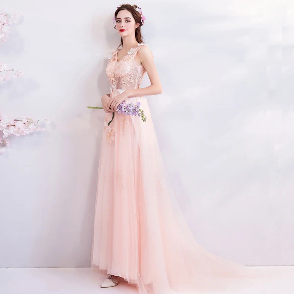 Chic / Beautiful Blushing Pink 2018 Evening Dresses V-Neck Tulle A-Line / Princess Floor-Length / Long Summer Beading Butterfly Appliques Backless Evening Party Formal Dresses