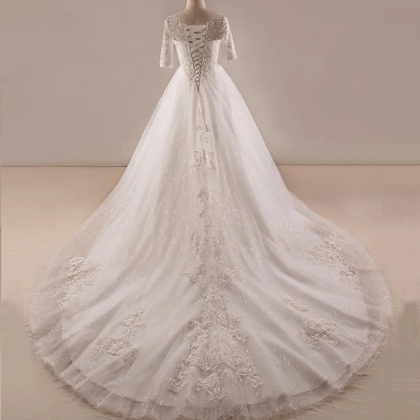 Luxury / Gorgeous Ivory 2018 Ball Gown Wedding V-Neck Lace Tulle 1/2 Sleeves Crossed Straps Appliques Backless Beading Sequins Summer Wedding Dresses