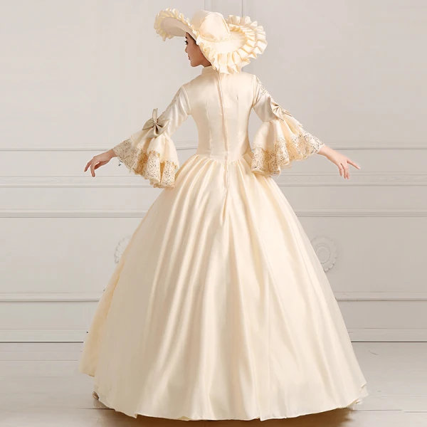 Vintage / Retro Puffy Ball Gown Champagne Prom Dresses 2018 High Neck Long Sleeve Charmeuse Lace-up Beading Sequins Formal Dresses