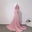 Luxury / Gorgeous Court Train Blushing Pink Evening Dresses  2018 Long Sleeve A-Line / Princess U-Neck Lace-up Appliques Backless Beading Evening Party Formal Dresses