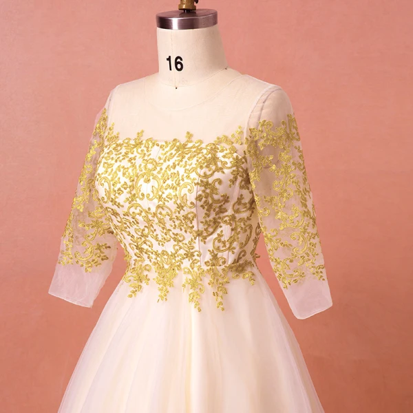 Classic Elegant Gold Plus Size Wedding Dresses 2018 A-Line / Princess Lace Tulle U-Neck Appliques Backless Wedding