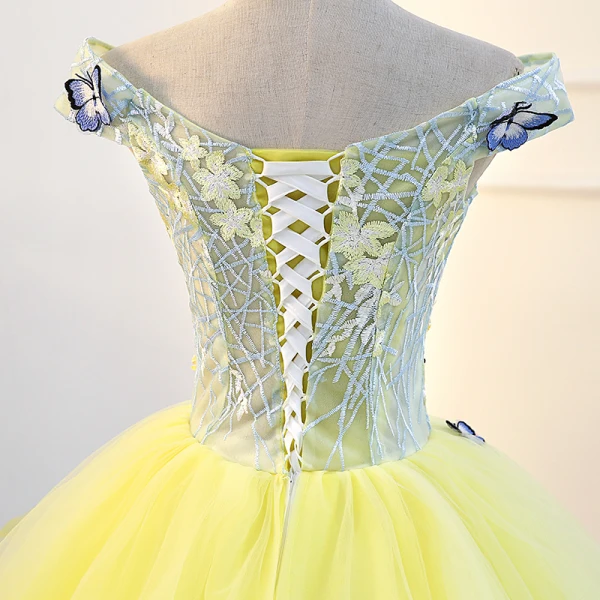 Flower Fairy Yellow Prom Dresses 2018 Ball Gown V-Neck Tulle Embroidered Appliques Backless Prom Formal Dresses