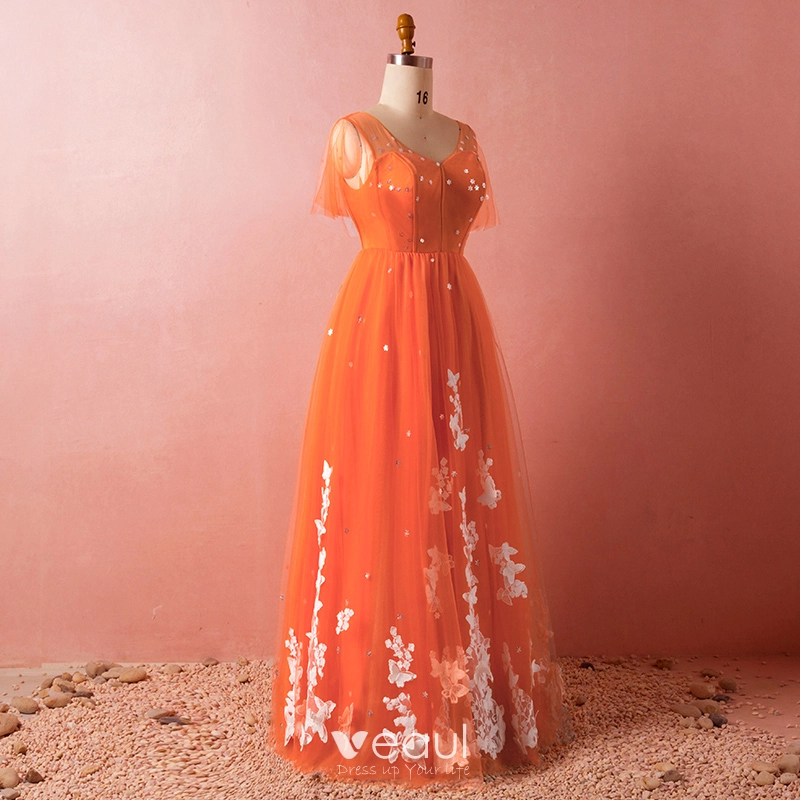 Chic Beautiful Orange Plus Size Evening Dresses 2018 Tulle V Neck Appliques  Butterfly Backless Beading Evening Party Formal Dresses