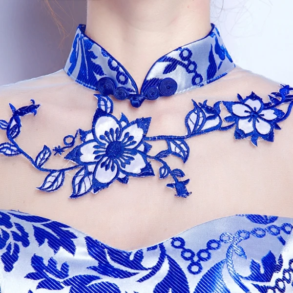 Chinese style Royal Blue Floor-Length / Long Evening Dresses  2018 Trumpet / Mermaid High Neck Charmeuse Appliques Backless Printing Evening Party Formal Dresses