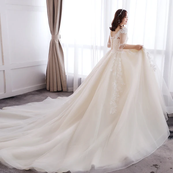 Enkla Champagne Extra Stor Storlek Balklänning Bröllopsklänningar 2019 Tyll V-Hals Appliqués Spets Halterneck Handgjort Chapel Train
