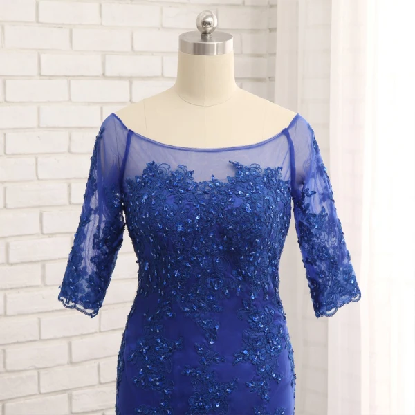 Chic / Belle Bleu Roi Trompette / Sirène Train De Balayage Robe De Mère De Mariée 2019 Dentelle Tulle U-Cou Appliques Dos Nu Perlage Brodé Paillettes Église Robe Pour Mariage