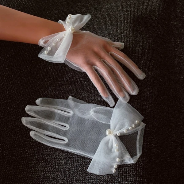 Klassisk Eleganta Vita Brudhandskar 2020 Tyll Handgjort Beading Pärla Bröllop Tillbehör