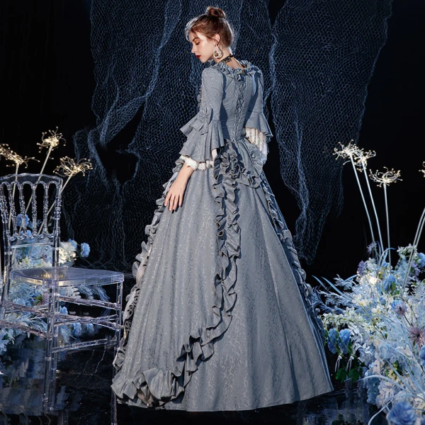 Vintage / Retro Medieval Sky Blue Ball Gown Prom Dresses 2021 1/2 Sleeves Square Neckline Floor-Length / Long Crossed Straps Handmade  Beading Pearl Tassel Printing Cosplay Prom Formal Dresses