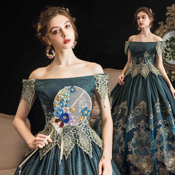 Vintage / Retro Medieval Ink Blue Ball Gown Prom Dresses 2021 Short Sleeve Off-The-Shoulder Floor-Length / Long Backless Printing Lace Satin Cosplay Prom Formal Dresses