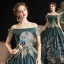 Vintage / Retro Medieval Ink Blue Ball Gown Prom Dresses 2021 Short Sleeve Off-The-Shoulder Floor-Length / Long Backless Printing Lace Satin Cosplay Prom Formal Dresses