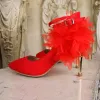 Chic / Beautiful 2017 8 cm / 3 inch White Red Casual Leather Red Embroidered Pleated High Heels Stiletto Heels Pumps Wedding Shoes