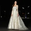 Modern / Fashion Champagne Wedding Dresses 2017 A-Line / Princess Square Neckline Long Sleeve Appliques Lace Sweep Train