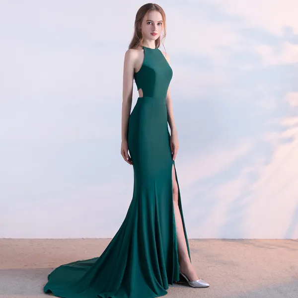 Classic 2017 Clover Green Evening Dresses  Spaghetti Straps Striped Backless Trumpet / Mermaid Party Dresses