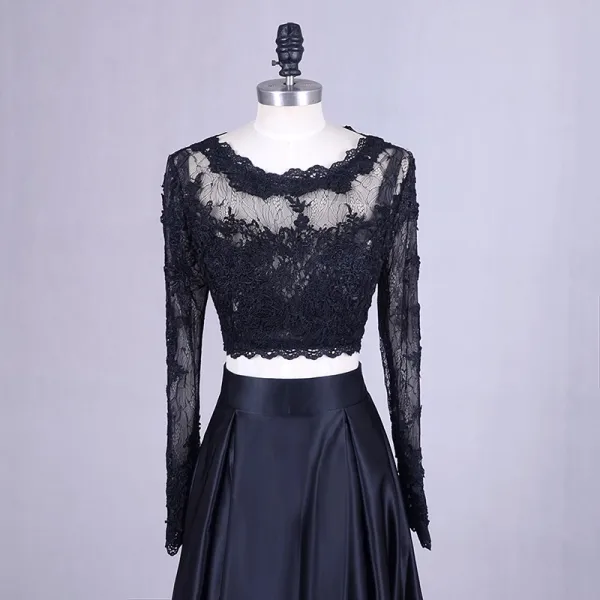 2 Piece Black Prom Dresses 2017 Scoop Neck A-Line / Princess Long Sleeve Appliques Lace Satin Formal Dresses