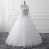 Luxury / Gorgeous White Crystal Wedding Dresses 2017 Scoop Neck Long Sleeve Beading Rhinestone Pearl Sequins Floor-Length / Long Ball Gown
