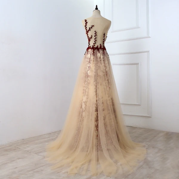Chic / Belle Bordeaux Robe De Soirée 2017 Princesse U-Cou Dentelle Appliques Dos Nu Percé Faux Diamant Fait main Soirée Robe De Bal