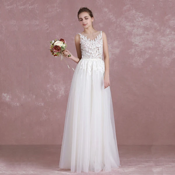 Chic / Belle Ivoire Robe De Mariée 2017 Princesse Encolure Dégagée Sans Manches Percé Dentelle Volants Tulle Ceinture Longue