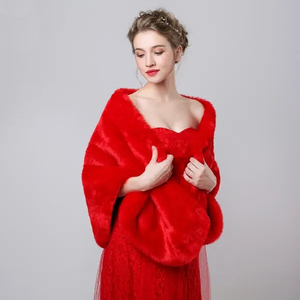 Red Faux Fur Shawls Wedding Evening Party Prom 2017