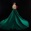 Chinese style Dark Green Prom Dresses 2017 High Neck Sleeveless Appliques Backless Bow Sash Satin Formal Dresses Chapel Train