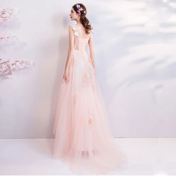 Chic / Beautiful Blushing Pink 2018 Evening Dresses V-Neck Tulle A-Line / Princess Floor-Length / Long Summer Beading Butterfly Appliques Backless Evening Party Formal Dresses